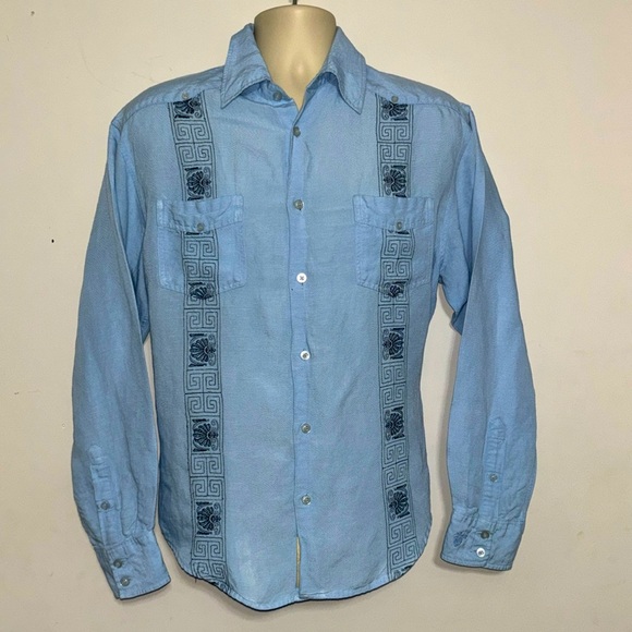 Cubavera Button Up Shirt Blue Linen Blend Blue Embroidery Guayabera Large Men - Picture 1 of 10